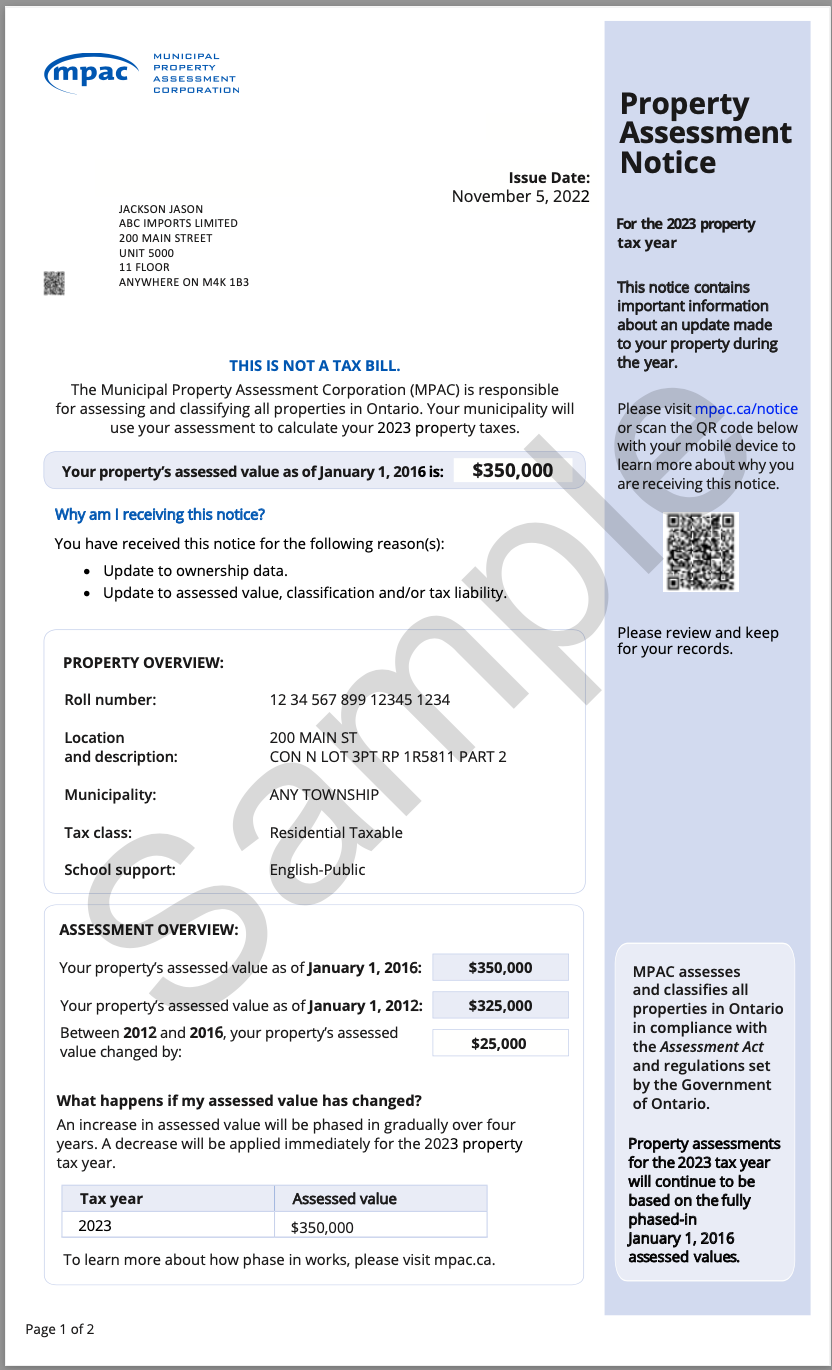 Sample 2025 Residential Property Assessment Notice thumbnail